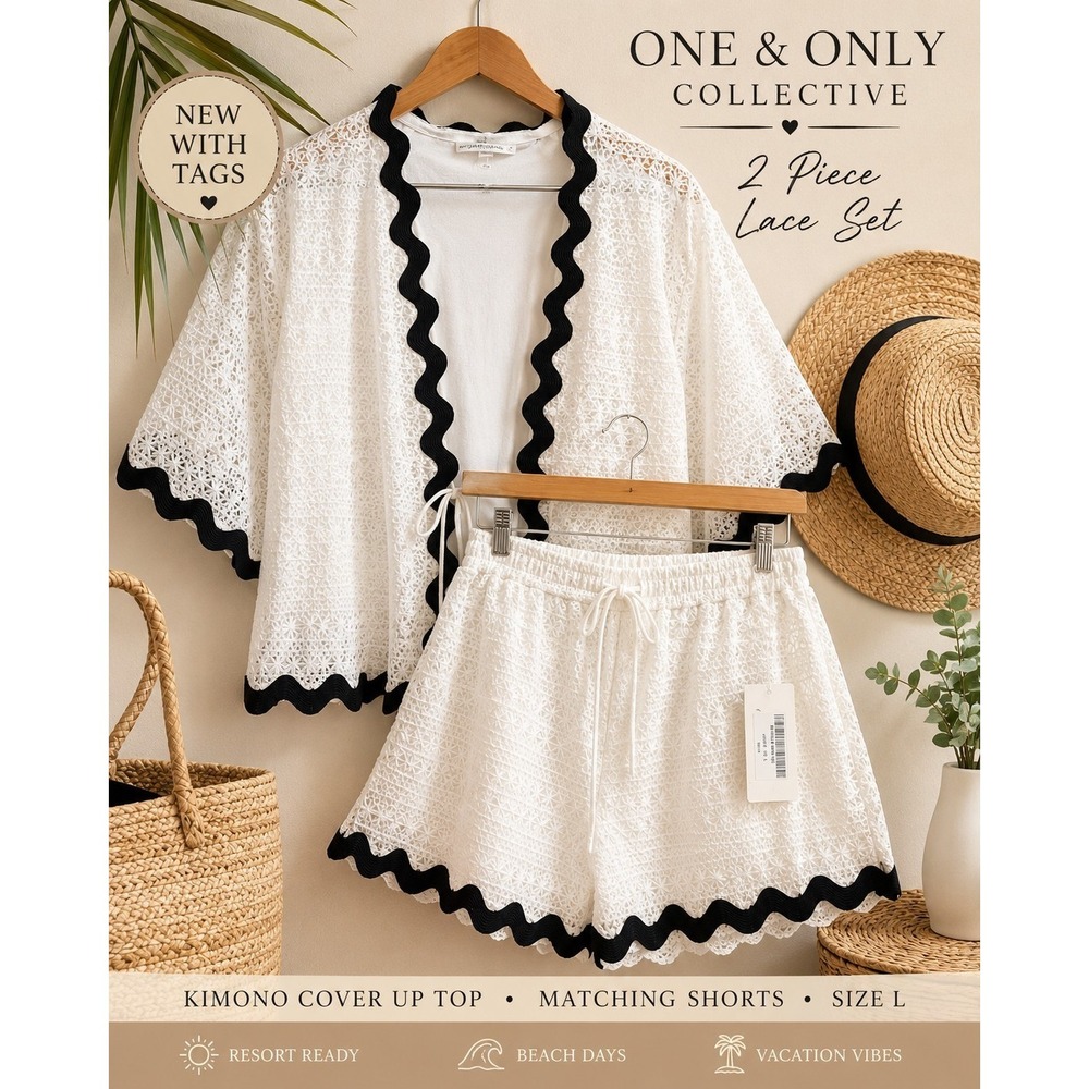 One & Only Collective White Lace Resort Set Kimono Top & Shorts Size Large Vacay